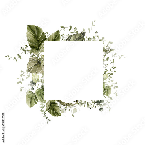 Watercolor floral frame. Hand painted border of greenery, wildflowers, herbs. Green leaves, branches, foliage, eucalyptus leaf isolated on white background. Botanical illustration for design, print
