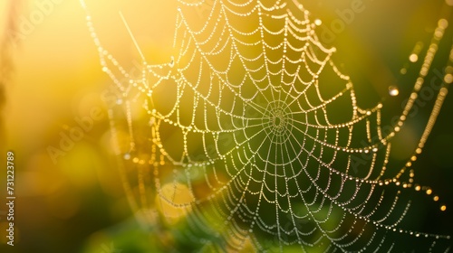 Close-up of a spiderweb silhouette against a sunset, with sparkling dew drops resembling precious jewels.