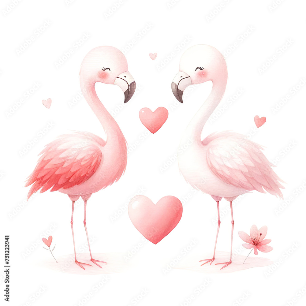 Fototapeta premium Affectionate Flamingos with Hearts Watercolor Illustration