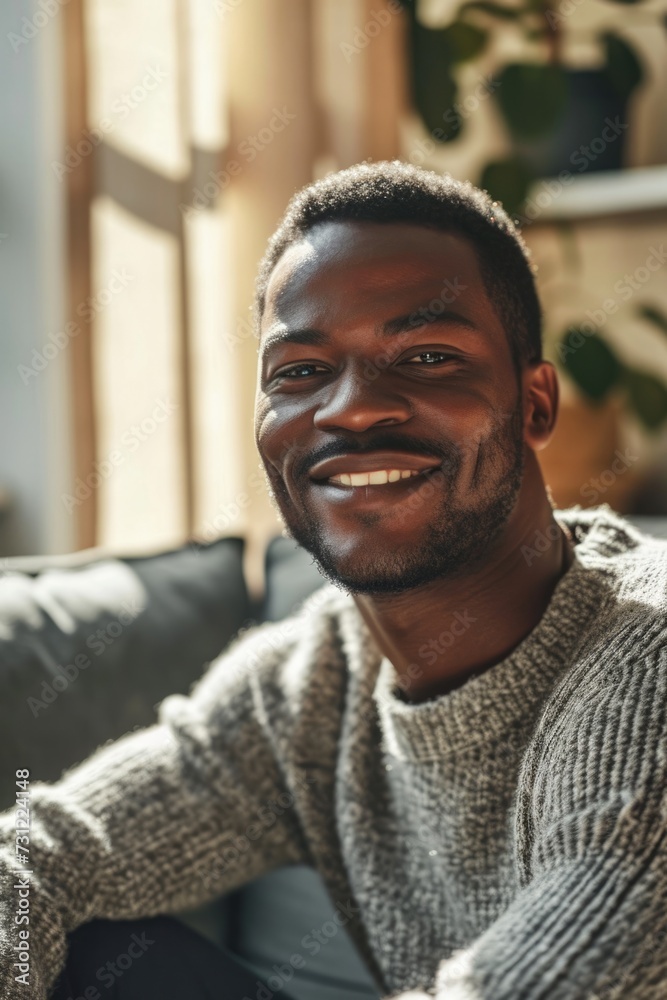 Sunny Portrait of a Joyful African American Man in a Living Room Sunny Portrait of a Joyful African American Man in a Living Room