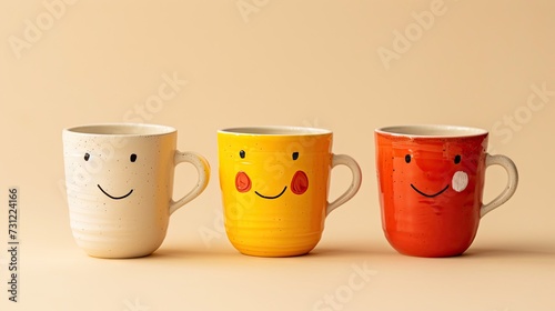 Joyful Friendship - Cups with happy faces celebrating Friendship Day on a beige background