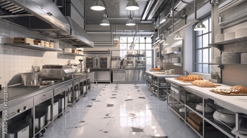 Industrial Bakery Kitchen: Clean Vinyl Resin Flooring with Stainless Steel Equipment and Organized Workspaces photo