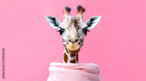 A giraffe wrapped in a pink towel after a bath