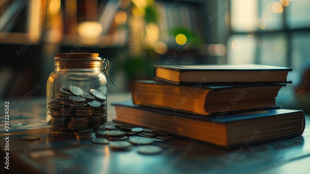 Coins in jar , old books Coins in jar , old books