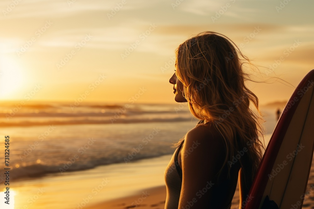 Beautiful girl at sunset on the beach. Young woman with a surfboard from behind