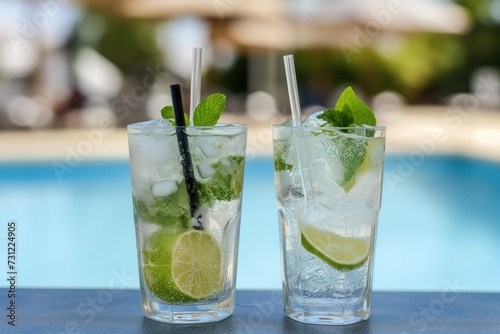close-up of two alcoholic drinks, ice and gin and tonic lemonade and mojito with lime served cold at pool bar