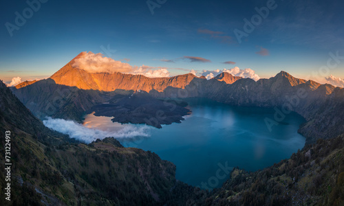 Panorama view of mount rinjani during sunset, second highest volcano in indonesia