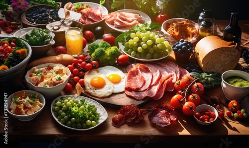 Top view bright photo of Large selection of breakfast food on a table, sun light from side. Healthy breakfast concept