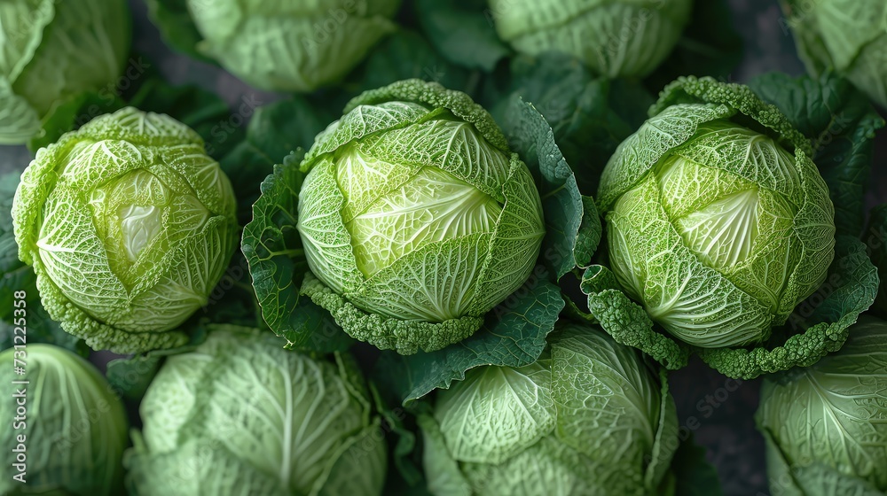 Fototapeta premium Pile of cabbage on the kitchen table. Top view.