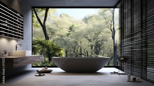 contemporary bathroom with bathtub and window. © Vusal