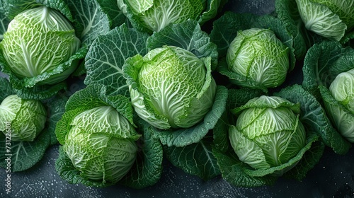 Pile of cabbages on gray kitchen table. Top view.