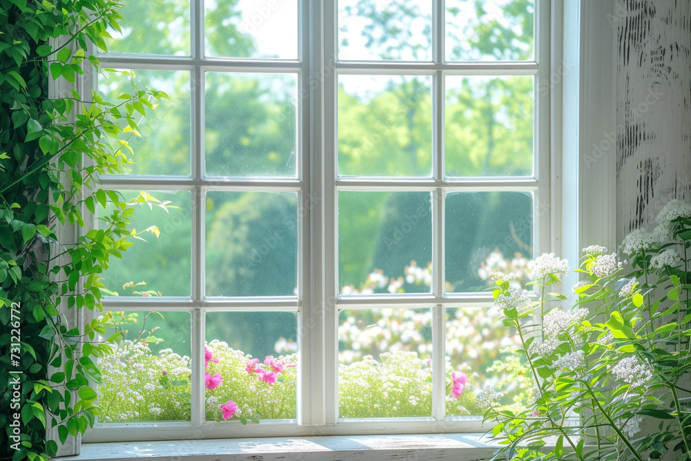 White tall window sill with spring garden on background