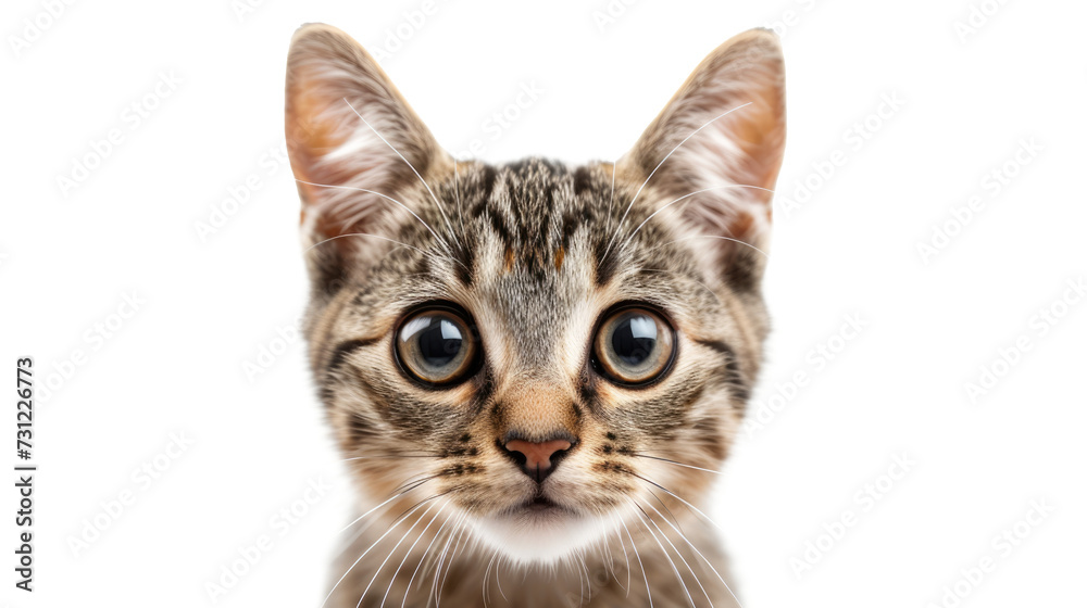 Portrait of a surprised cat, closeup, isolated on transparent background