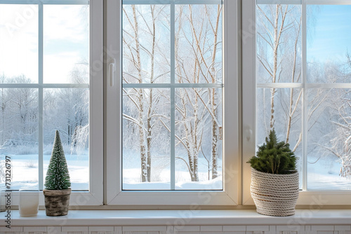 White tall window sill with winter garden on background
