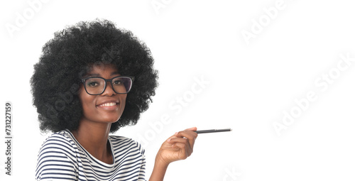 Young African American woman with a pen in her hand on a white background.
