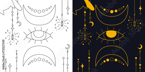 Mystical composition with the all-seeing eye and crescents. Two-color and black and white outline vector illustration.