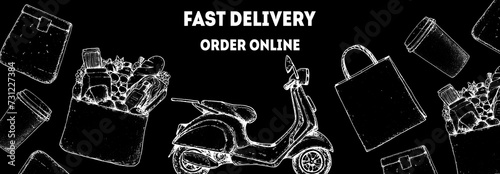 Food Delivery scooter hand drawn sketch. Goods delivery. Vector illustration. Logistics and delivery scooter. Fast delivery of food.