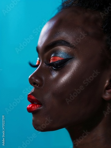 Stunning African Woman with Bold Makeup on Blue Background