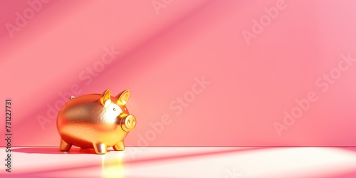 Golden piggy bank on a pink empty background. Business concept banner withcopy space. photo