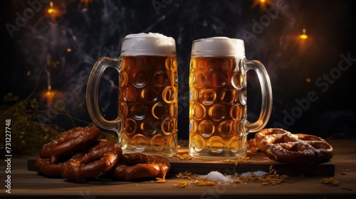 Beer mugs and pretzels  international beer day