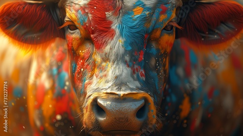 Portrait of a cow close up  painted in different colors. Generative AI