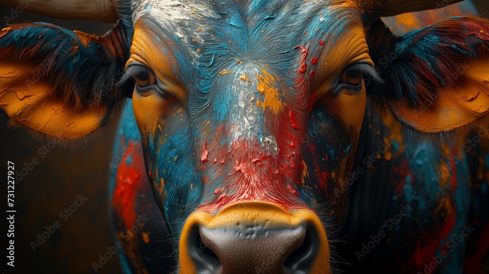 Portrait of a cow close up, painted in different colors. Generative AI