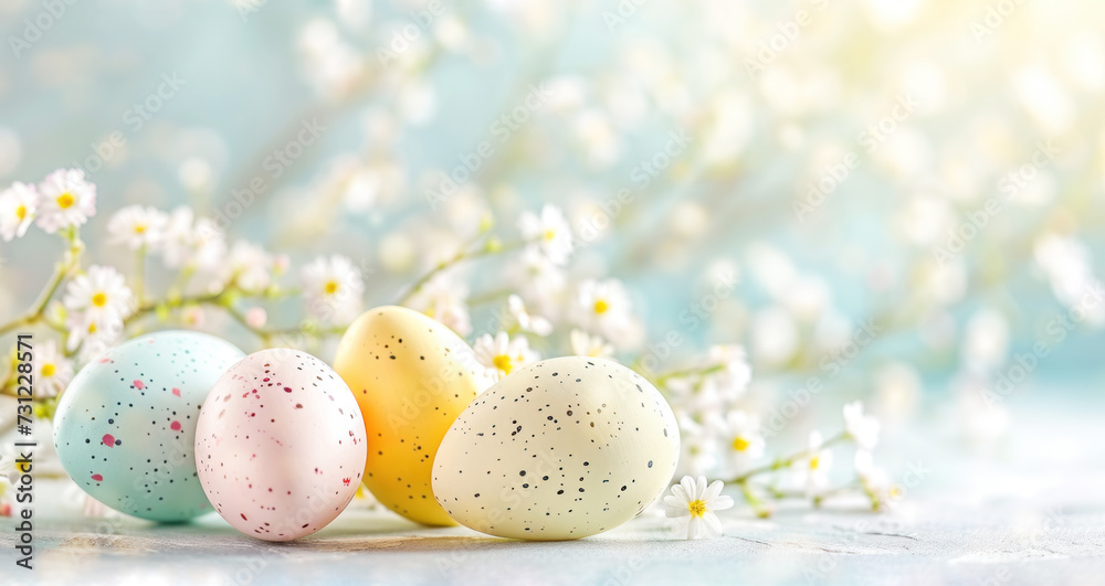 Easter background with eggs, flowers and copy space Easter background with eggs, flowers and copy space