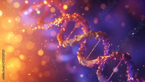 Futuristic 3D render of a glowing DNA double helix in warm colors with a bokeh effect, suitable for educational or scientific events like National DNA Day.
