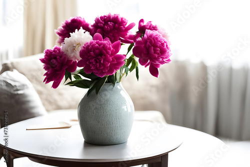 Close-up ceramic vase with peonies on round coffee table against background