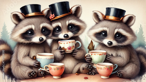 A group of three racoons drinking tea, fairy tale