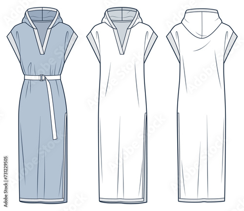 Hooded Dress technical fashion illustration. Jersey midi Dress fashion flat technical drawing template, side slit, relaxed fit, knit, belt, rib, front and back view, white, blue, women CAD mockup set.