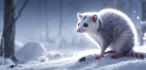 a small rodent standing on top of a snow covered ground in front of a forest filled with lots of trees. photo