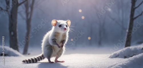 a white and brown animal standing on its hind legs in the snow in front of a forest filled with trees. photo