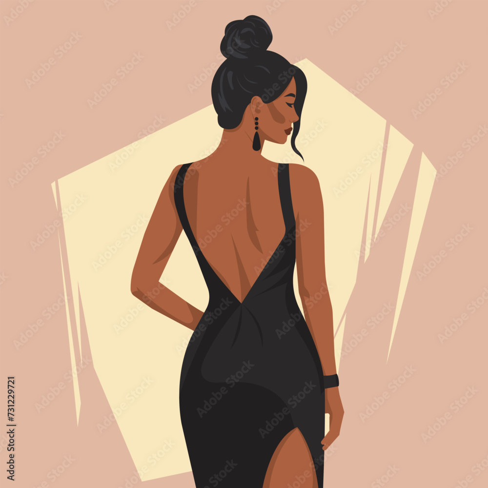 Vector flat fashion illustration of a young beautiful African girl in an elegant backless black dress. Back view.
Vector flat fashion illustration of a young beautiful African girl in an elegant backless black dress. Back view.