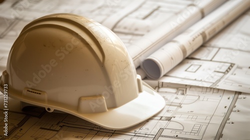 A white construction helmet is tilted over a rolled-up blueprint, which lies on top of a flat blueprint.