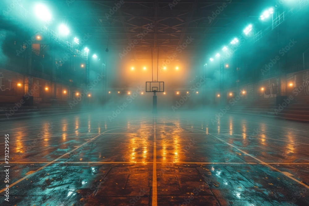 Basketball court illuminated by the glow of stadium lights, setting the stage for an exhilarating game