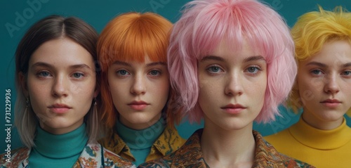 a group of three women with pink hair and blue eyes, all of which are wearing different colored wigs.