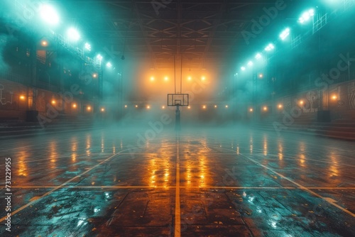 Basketball court illuminated by the glow of stadium lights  setting the stage for an exhilarating game