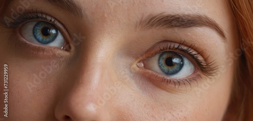 a close - up of a woman's face with blue eyes and freckles on her face, looking at the camera.