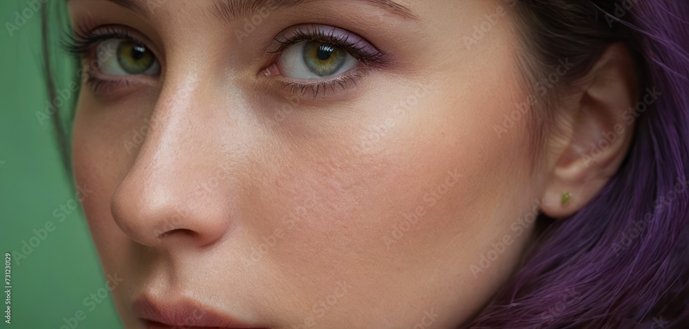Obraz premium a close - up of a woman's face with purple hair and green eyeshadow, looking at the camera.