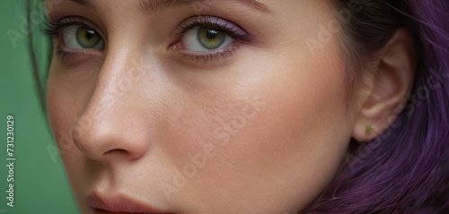 a close - up of a woman's face with purple hair and green eyeshadow, looking at the camera. photo