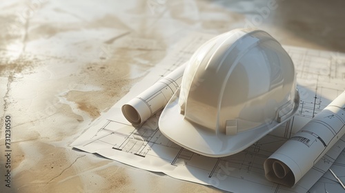 A white construction helmet is tilted over a rolled-up blueprint, which lies on top of a flat blueprint. photo