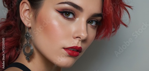a close up of a woman with red hair and a pair of earrings on her left ear and red hair on her right ear. photo