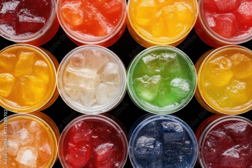 Jars with multi-colored jelly on a black background, top view. Jars with multi-colored jelly on a black background, top view.