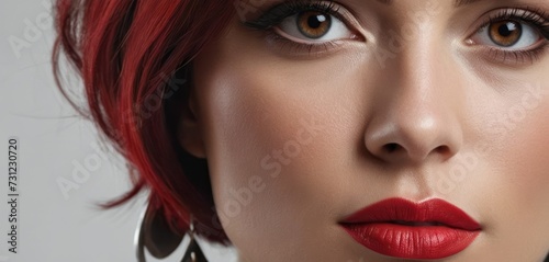 a close up of a woman s face with red hair and large hoop earrings on her ear and nose.