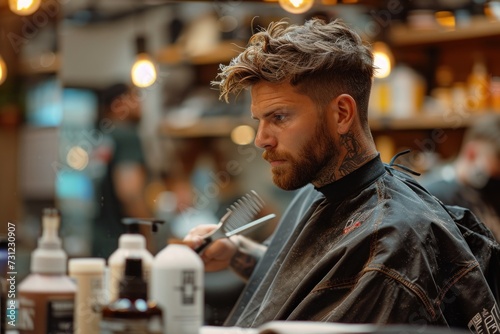 Barber at work, creating a stylish haircut with precision photo