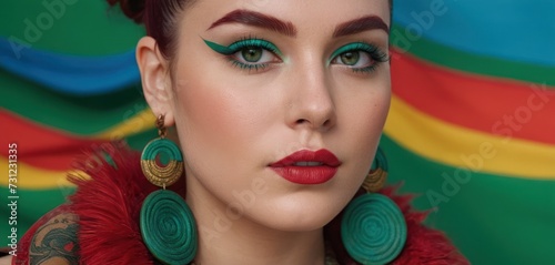 a close up of a woman with green eyeshades and a red feather around her neck and earrings. photo