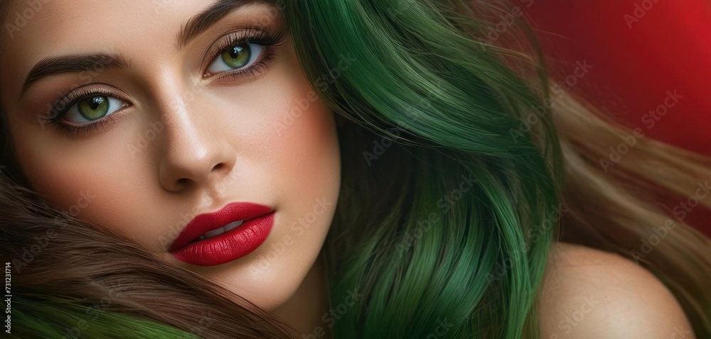 a close up of a woman with green hair wearing red lipstick and green hair with green streaks on her face. a close up of a woman with green hair wearing red lipstick and green hair with green streaks on her face.