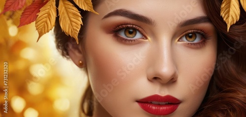 a close up of a woman's face with a wreath of leaves on her head and a red lipstick. photo