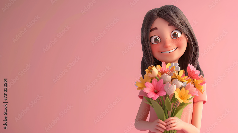 3d cute girl with flowers background